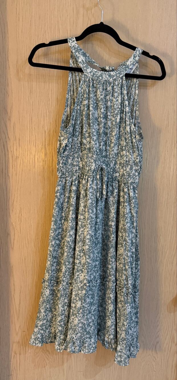 NWT Maacie Maternity Dress S Blue Floral Tiered Midi Baby Shower